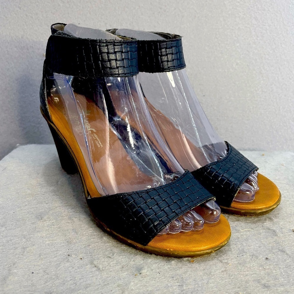 Rieker Sandals Antistress Woven Leather Black Easy close Open Toe Block Heel